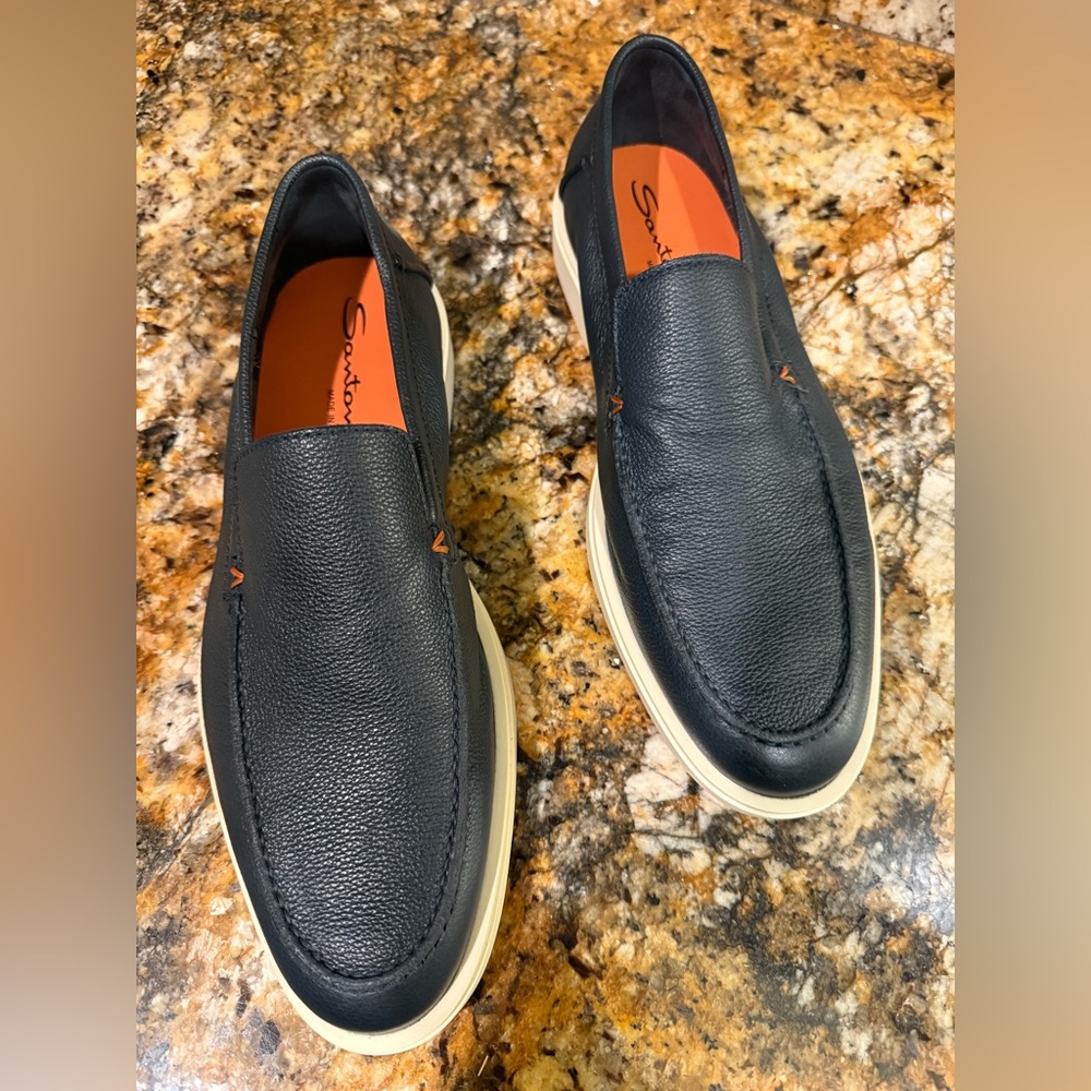Santoni Navy Leather Slip-On Loafers, Size 8 NEVER WORN! Originally $850!